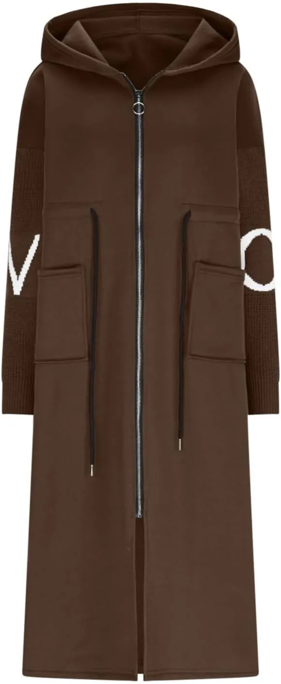 Trench Coats for Women Fashion Letter Knitted Patchwork Hooded Jackets Pocket Casual Zipper Drawstring Long Overcoat