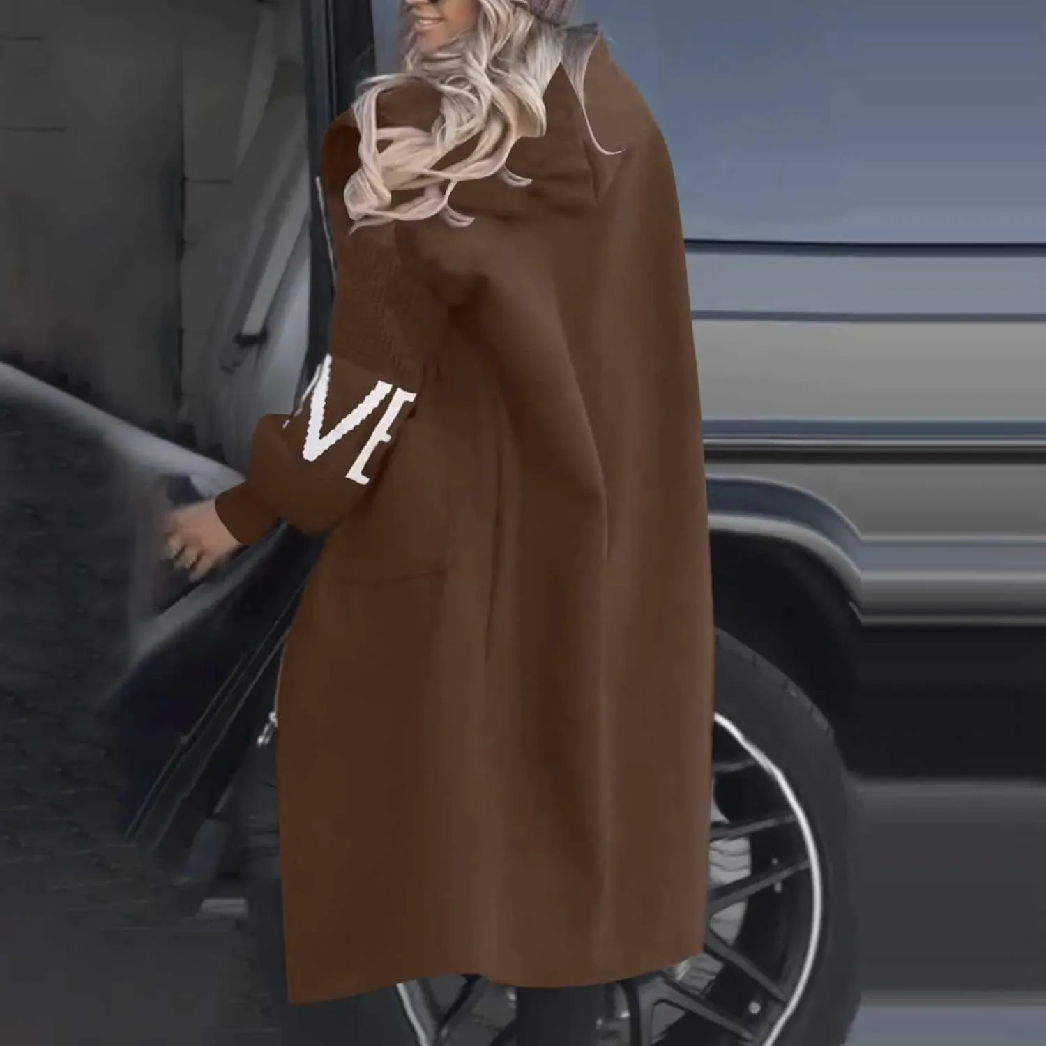 Trench Coats for Women Fashion Letter Knitted Patchwork Hooded Jackets Pocket Casual Zipper Drawstring Long Overcoat