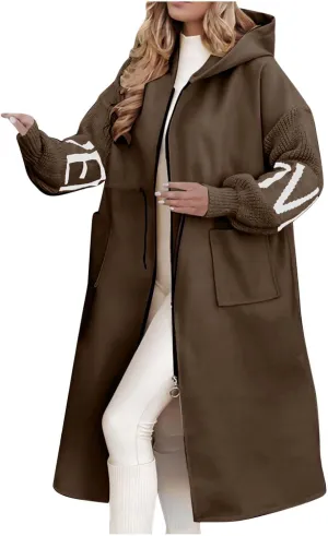 Trench Coats for Women Fashion Letter Knitted Patchwork Hooded Jackets Pocket Casual Zipper Drawstring Long Overcoat