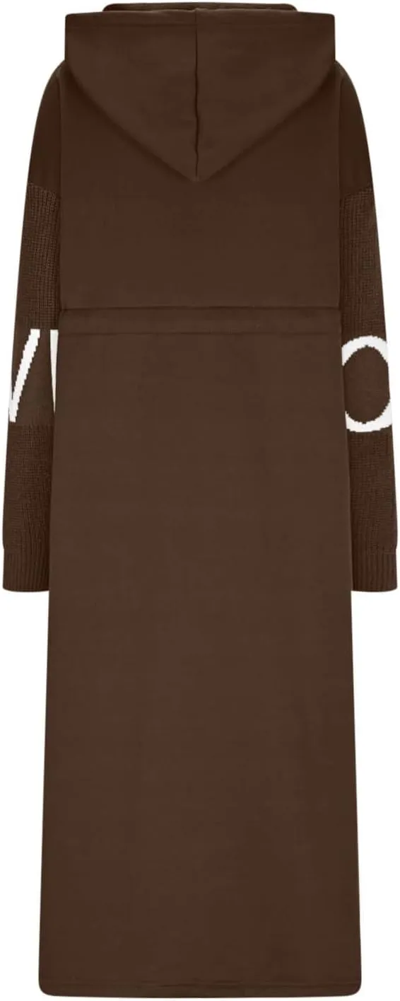 Trench Coats for Women Fashion Letter Knitted Patchwork Hooded Jackets Pocket Casual Zipper Drawstring Long Overcoat