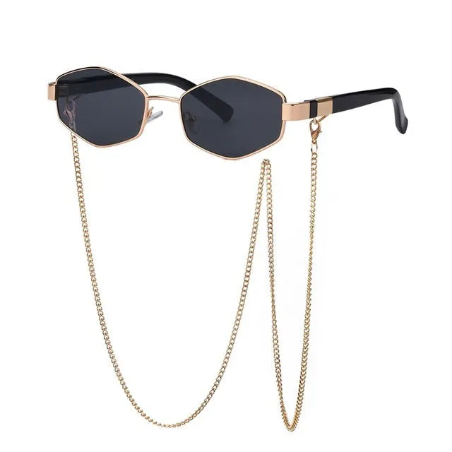 Trendy Retro Hexagon With Chain Sunglass Women Unique Polygon Sunglass