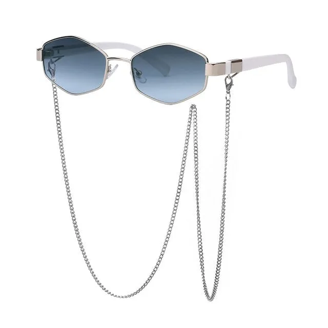 Trendy Retro Hexagon With Chain Sunglass Women Unique Polygon Sunglass