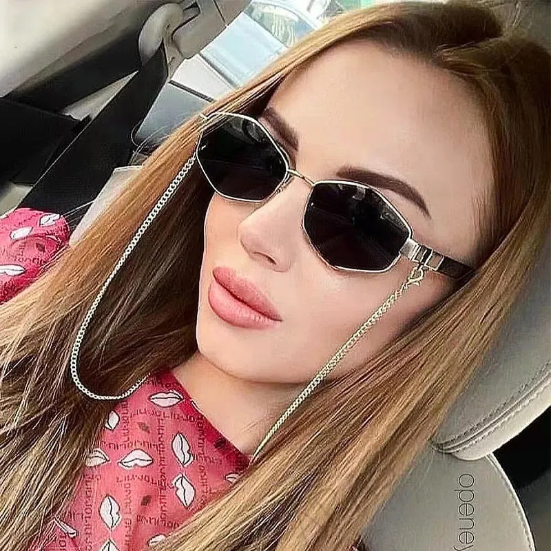 Trendy Retro Hexagon With Chain Sunglass Women Unique Polygon Sunglass