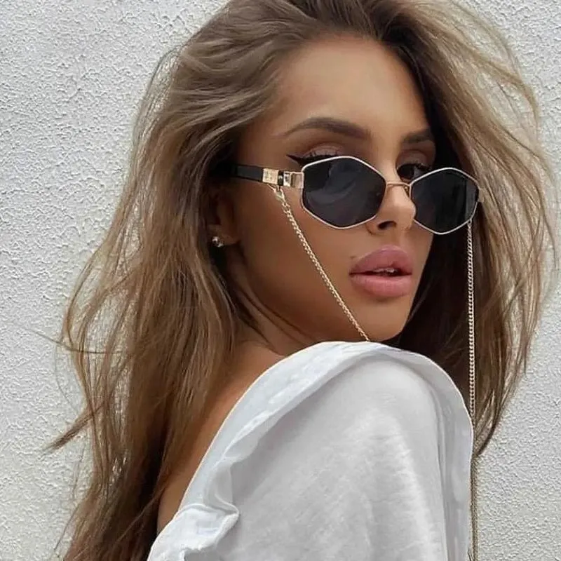 Trendy Retro Hexagon With Chain Sunglass Women Unique Polygon Sunglass