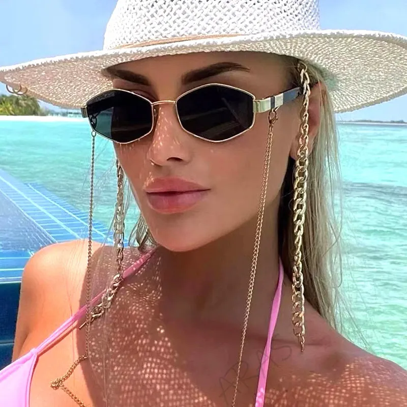 Trendy Retro Hexagon With Chain Sunglass Women Unique Polygon Sunglass