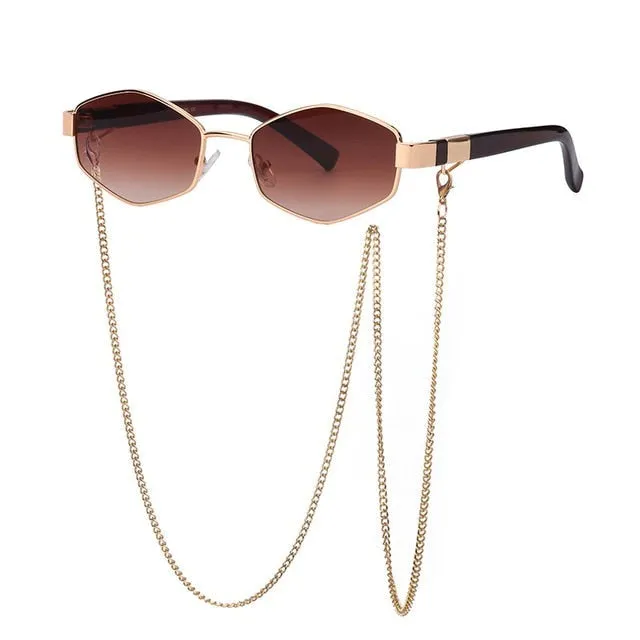 Trendy Retro Hexagon With Chain Sunglass Women Unique Polygon Sunglass