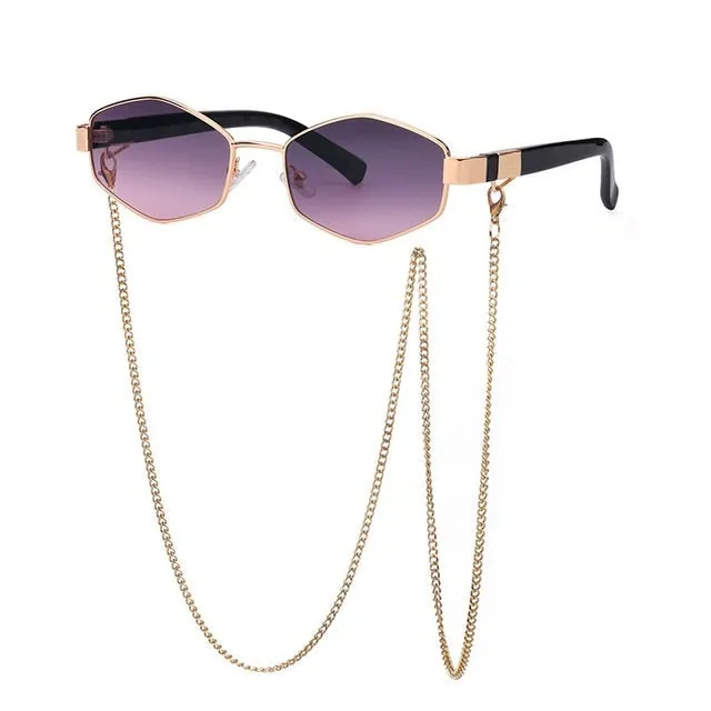 Trendy Retro Hexagon With Chain Sunglass Women Unique Polygon Sunglass