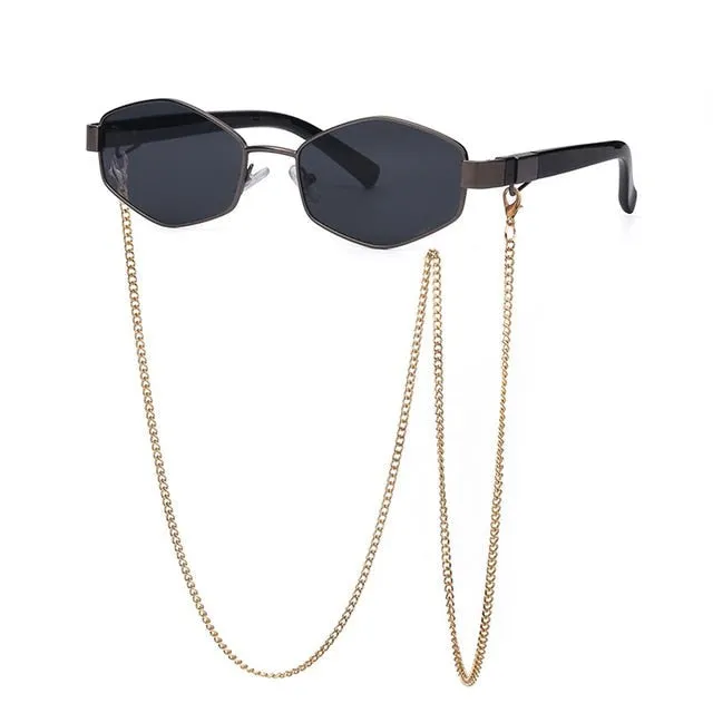 Trendy Retro Hexagon With Chain Sunglass Women Unique Polygon Sunglass