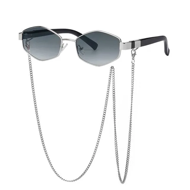 Trendy Retro Hexagon With Chain Sunglass Women Unique Polygon Sunglass