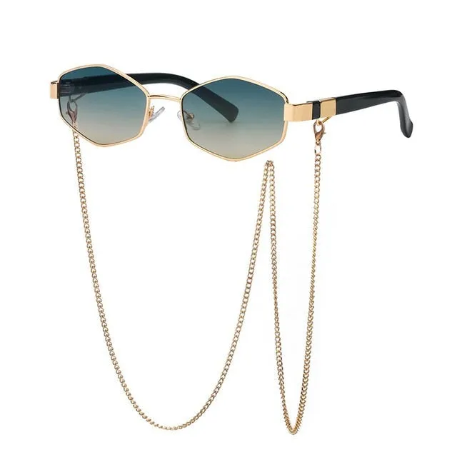 Trendy Retro Hexagon With Chain Sunglass Women Unique Polygon Sunglass
