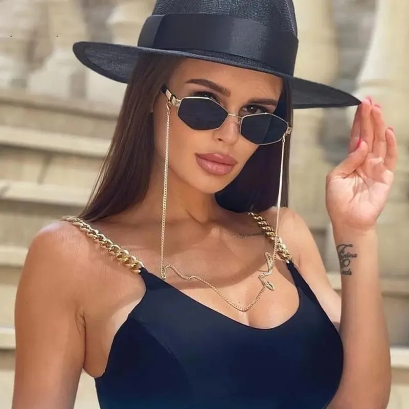 Trendy Retro Hexagon With Chain Sunglass Women Unique Polygon Sunglass