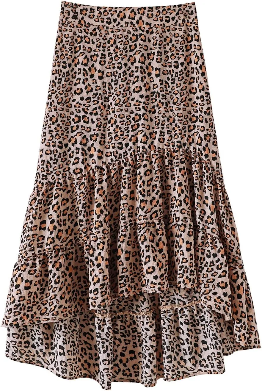 tuduoms Ditzy Floral Skirt Midi Boho Elastic High Waist Skirt A-line Long Vintage Skirts for Women High Low Pleated Skirt