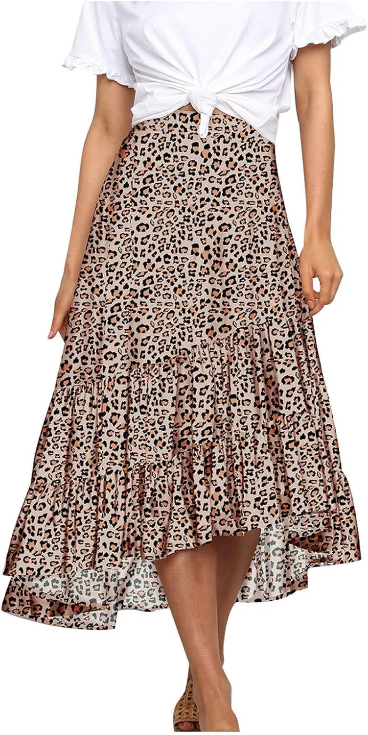 tuduoms Ditzy Floral Skirt Midi Boho Elastic High Waist Skirt A-line Long Vintage Skirts for Women High Low Pleated Skirt