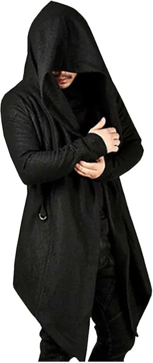 tuduoms Mens Casual Long Hooded Cardigan Goth Cape Cloak Long Sleeve Draped Lightweight Open Front Sweater Trench Coat Jacket