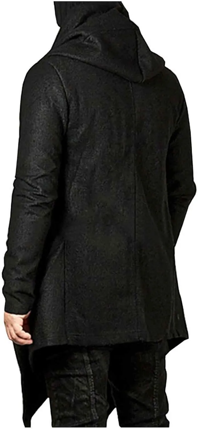 tuduoms Mens Casual Long Hooded Cardigan Goth Cape Cloak Long Sleeve Draped Lightweight Open Front Sweater Trench Coat Jacket