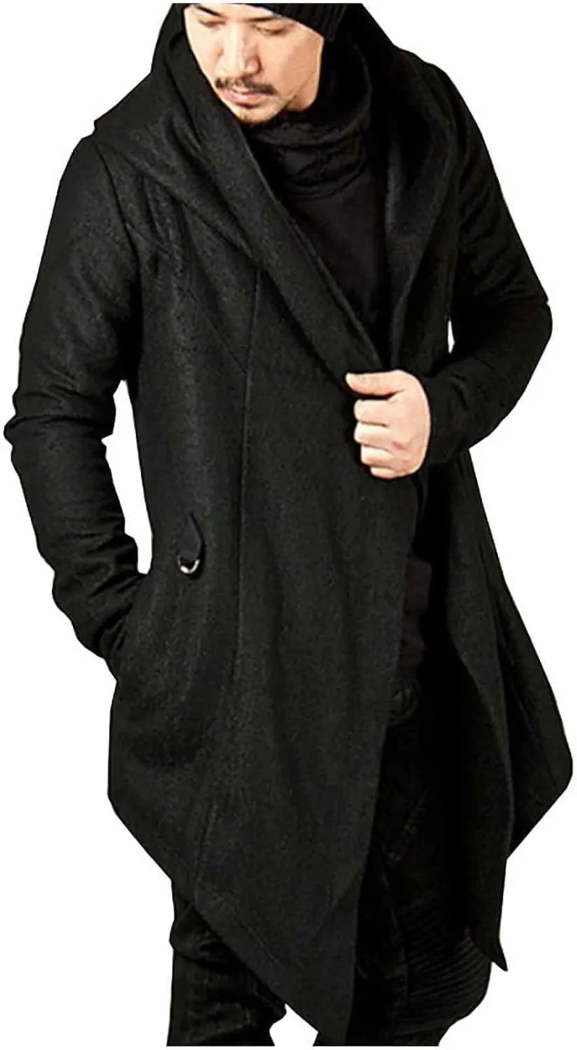 tuduoms Mens Casual Long Hooded Cardigan Goth Cape Cloak Long Sleeve Draped Lightweight Open Front Sweater Trench Coat Jacket