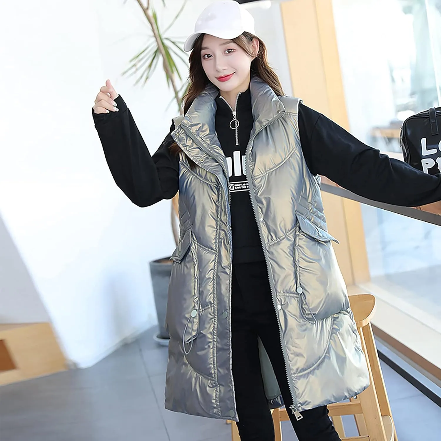 tuduoms Women Vest Hooded Lightweight Zip Quilted Puffer Vest Teen Girls Warm Winter Cotton Padded Long Vest Gilet Waistcoat