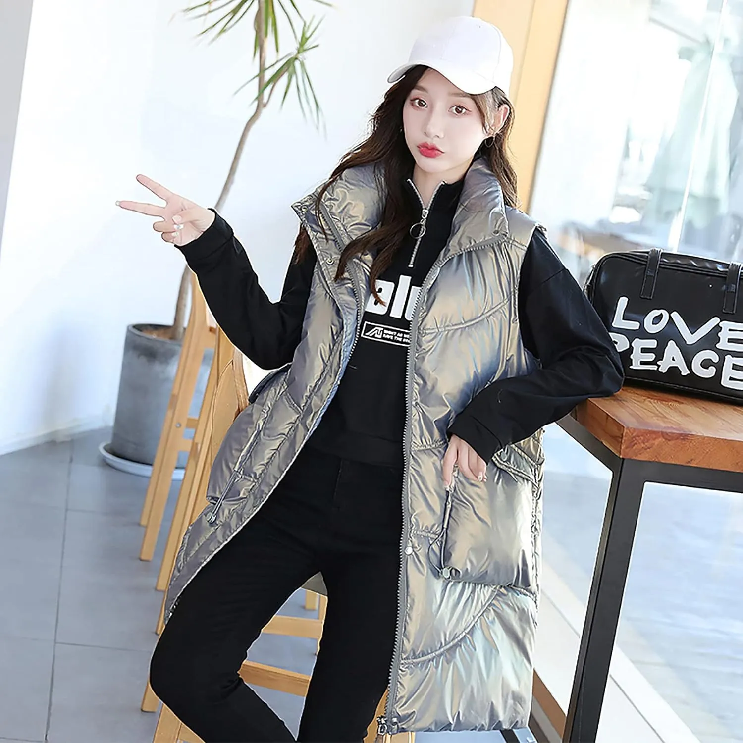 tuduoms Women Vest Hooded Lightweight Zip Quilted Puffer Vest Teen Girls Warm Winter Cotton Padded Long Vest Gilet Waistcoat