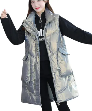 tuduoms Women Vest Hooded Lightweight Zip Quilted Puffer Vest Teen Girls Warm Winter Cotton Padded Long Vest Gilet Waistcoat