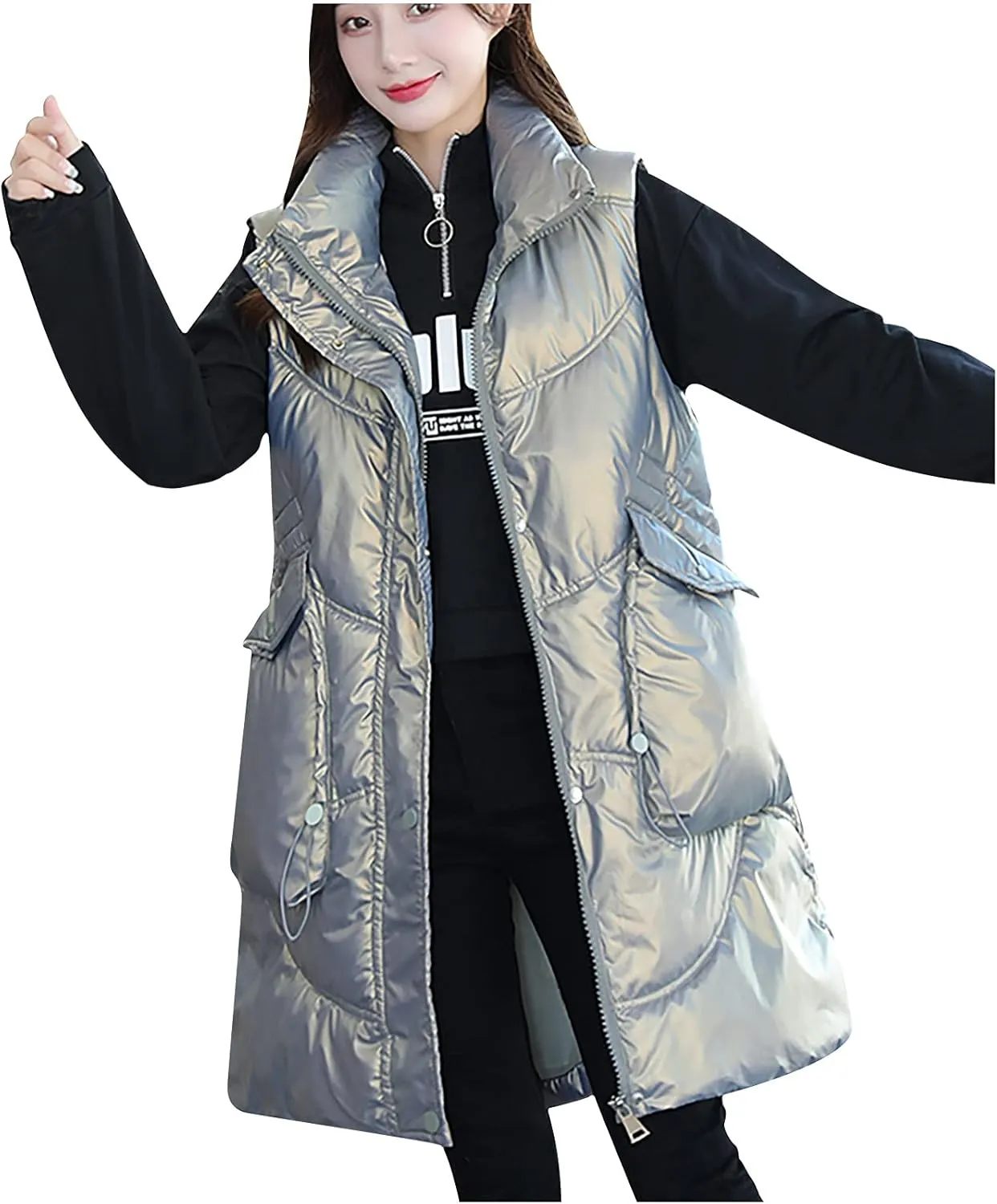 tuduoms Women Vest Hooded Lightweight Zip Quilted Puffer Vest Teen Girls Warm Winter Cotton Padded Long Vest Gilet Waistcoat
