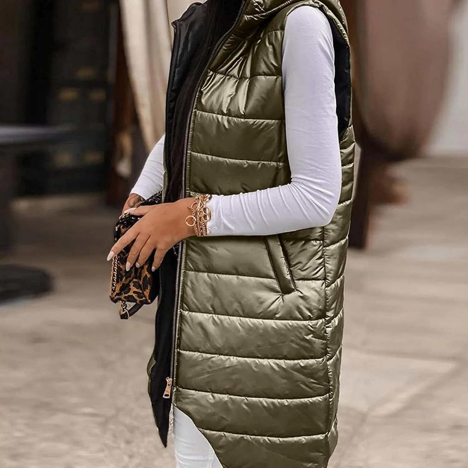 tuduoms Women's Vest Hooded Lightweight Zip Quilted Vest for Women, Winter Cotton Padded Zipper Long Vest Jacket Waistcoat