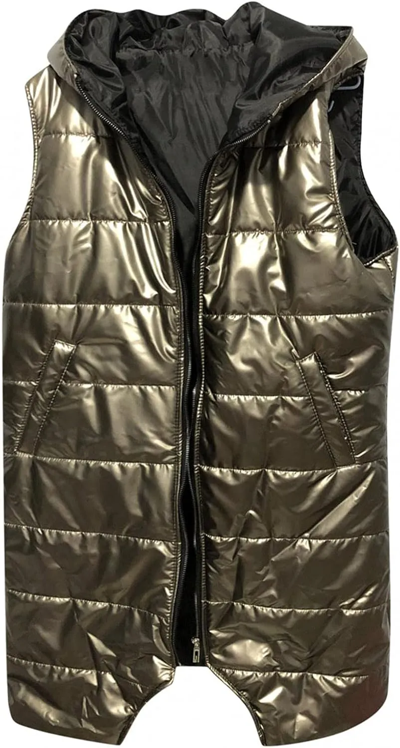 tuduoms Women's Vest Hooded Lightweight Zip Quilted Vest for Women, Winter Cotton Padded Zipper Long Vest Jacket Waistcoat