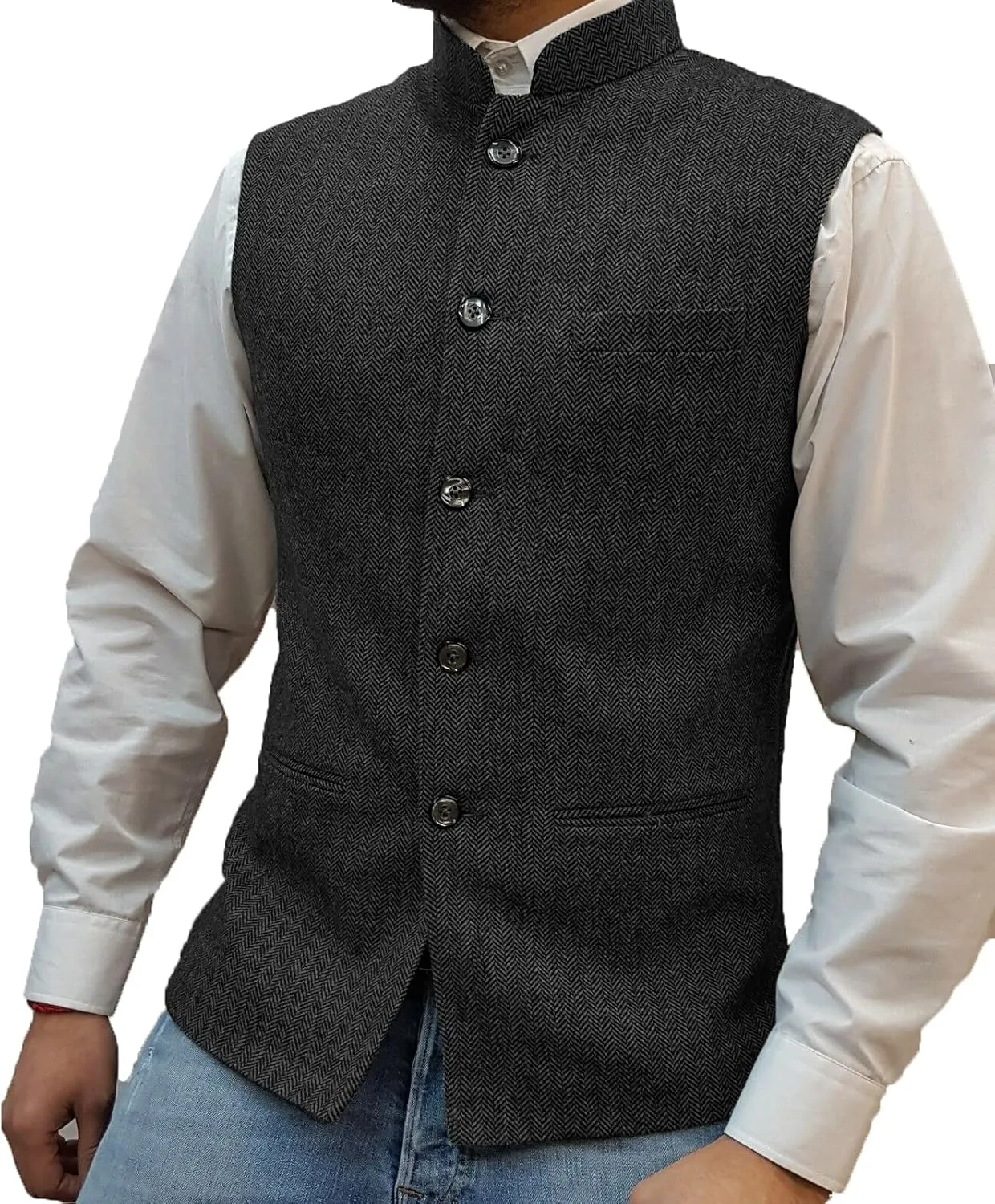 Tuikayoo Mens Herringbone Wool Vests Suit Business Tweed High Collar Waistcoats Slim Fit