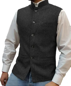 Tuikayoo Mens Herringbone Wool Vests Suit Business Tweed High Collar Waistcoats Slim Fit