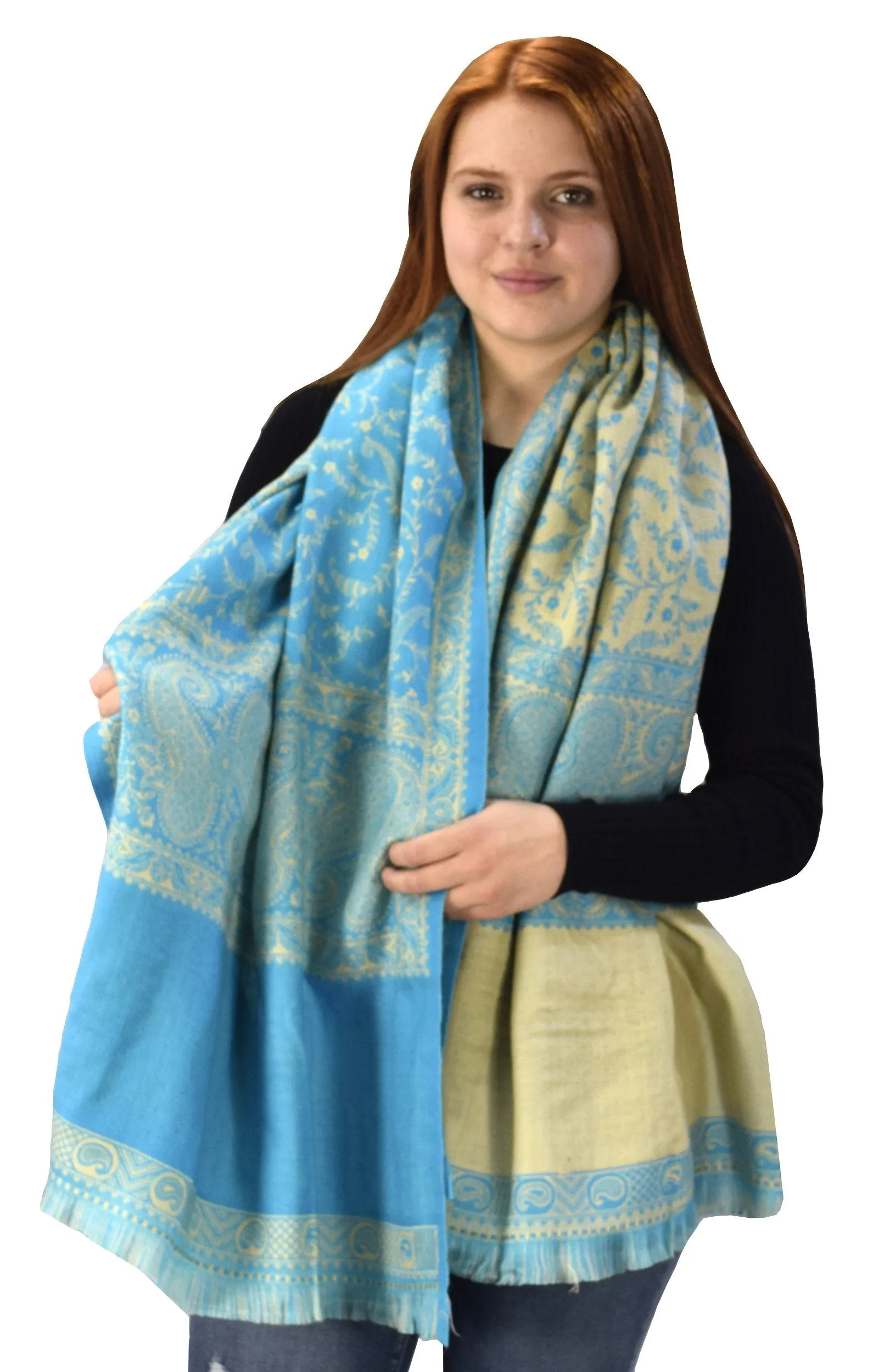 Turquoise/Tan Thick 4 Ply Reversible Paisley Pashmina Blanket Scarf
