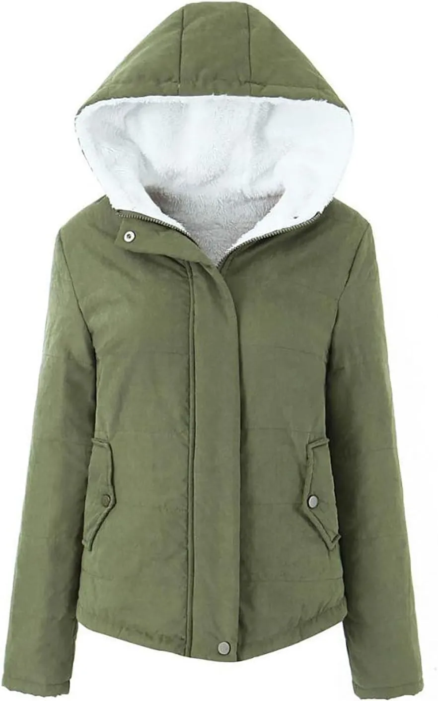 Uillui Fleece Lined Cotton Coat for Women Padded Thicken Plush Bread Jacket Hooded Long Sleeved Zipper Button Sherpa Outcoat