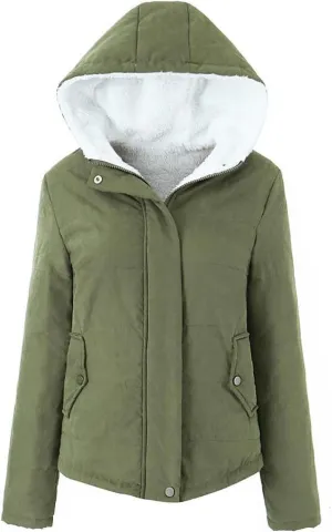 Uillui Fleece Lined Cotton Coat for Women Padded Thicken Plush Bread Jacket Hooded Long Sleeved Zipper Button Sherpa Outcoat