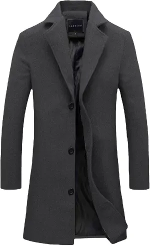 Uillui Mens Classic Pea Coat Wool Cashmere Notch Lapel Casual Trench Coat Winter Windproof Overcoat Single Breasted Top Coat