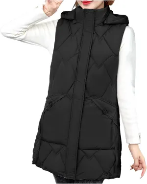 Uillui Womens Fashion Hooded Down Vest Winter Mid-Length Outdoor Thermal Puffer Gilet Jacket Zip Up Cotton-Padded Waistcoats