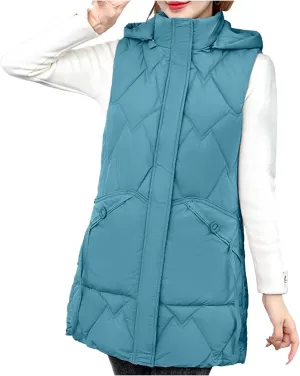 Uillui Womens Fashion Hooded Down Vest Winter Mid-Length Outdoor Thermal Puffer Gilet Jacket Zip Up Cotton-Padded Waistcoats
