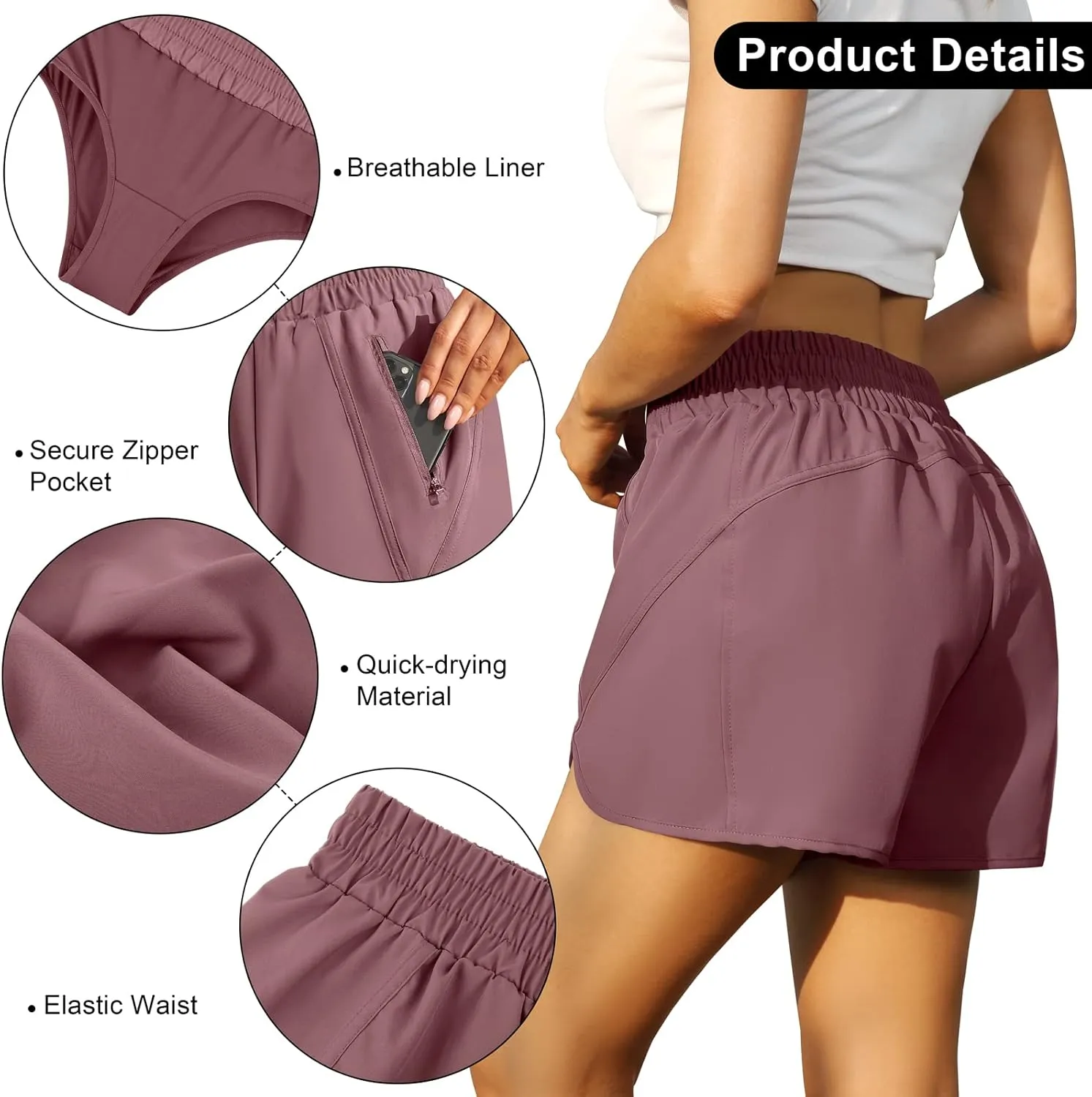 URATOT 2 Pack Women's Athletic Shorts Quick Dry High Waisted Running Shorts with Zip Pocket Gym Elastic Workout Short