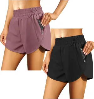 URATOT 2 Pack Women's Athletic Shorts Quick Dry High Waisted Running Shorts with Zip Pocket Gym Elastic Workout Short