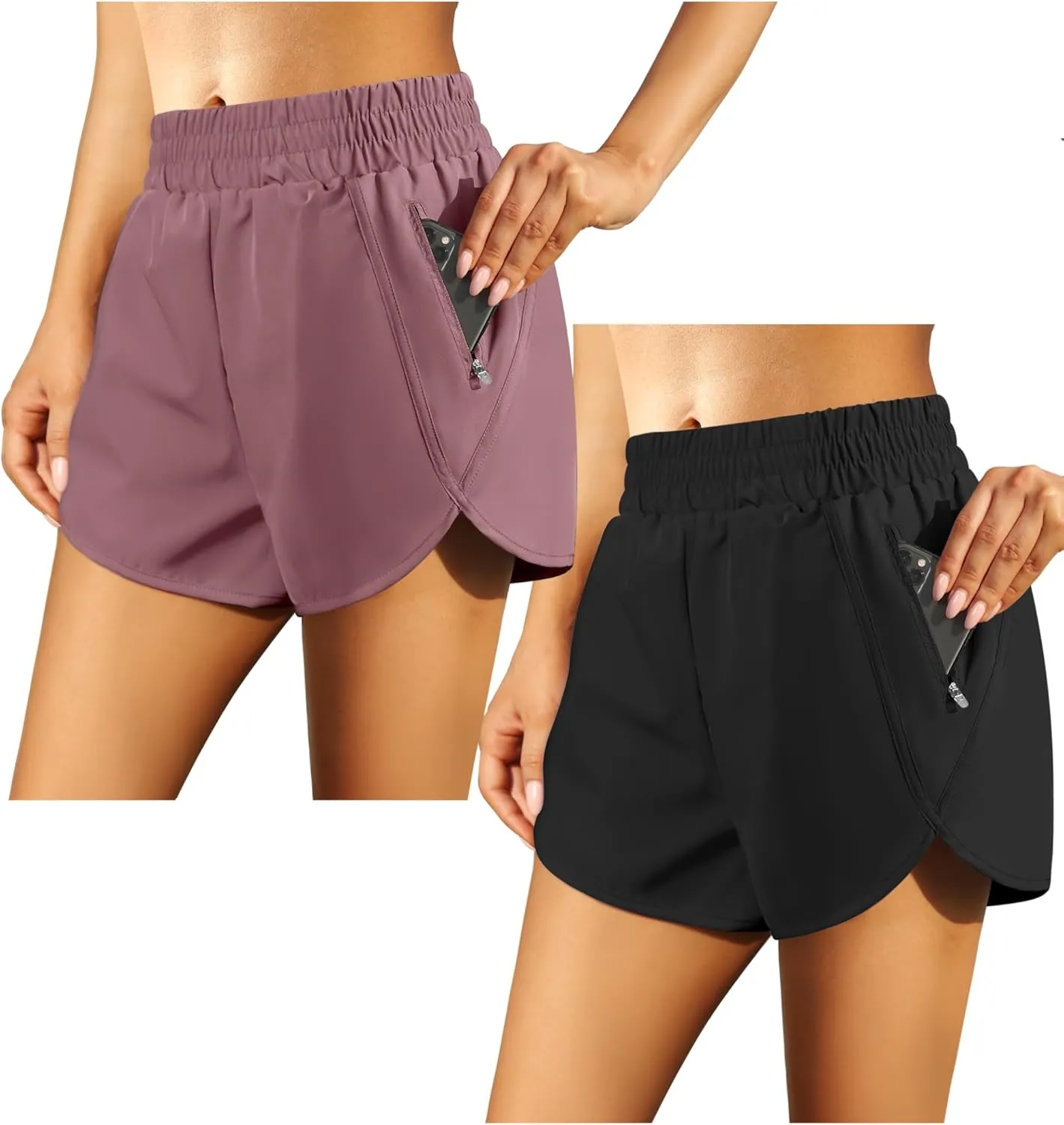 URATOT 2 Pack Women's Athletic Shorts Quick Dry High Waisted Running Shorts with Zip Pocket Gym Elastic Workout Short