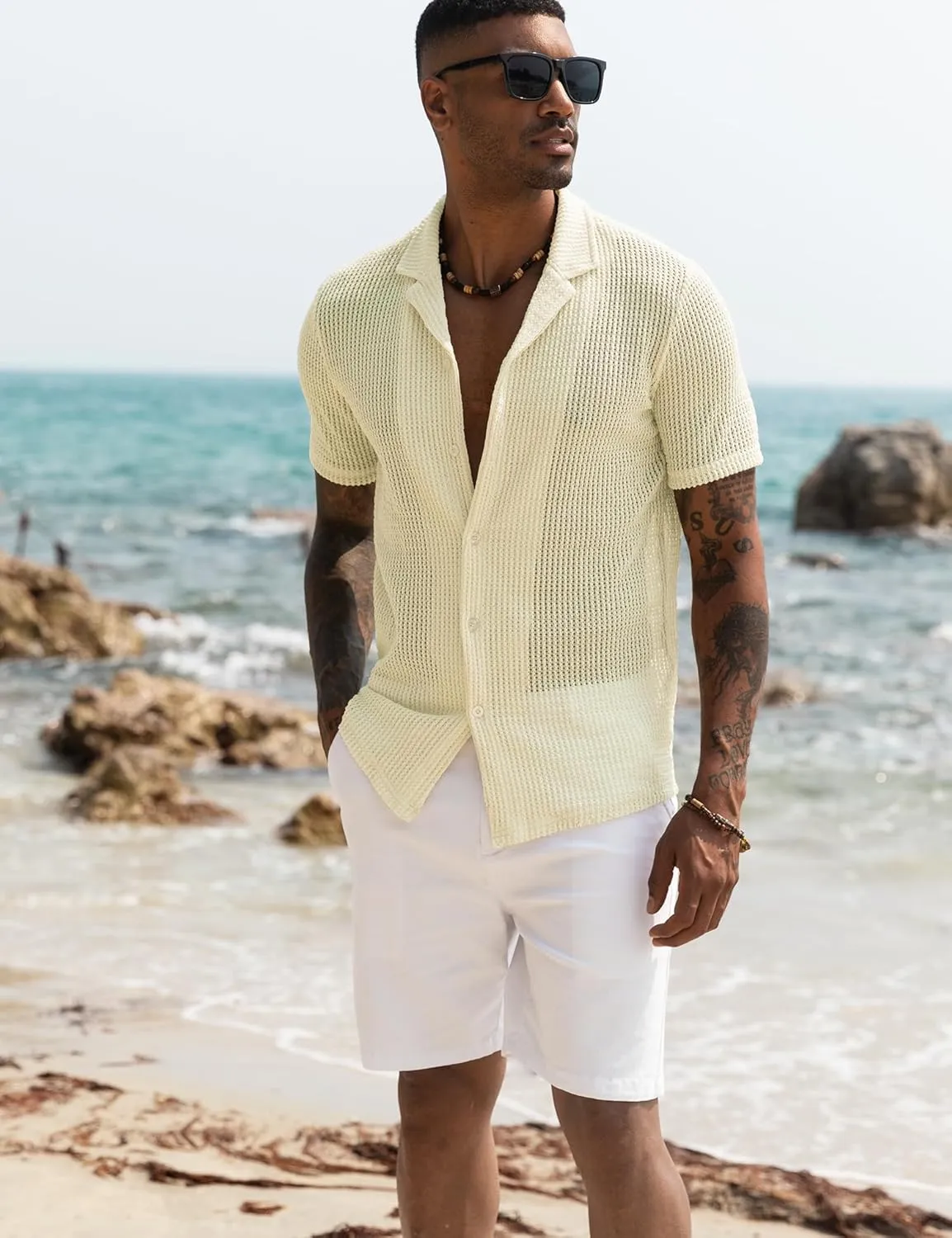 URRU Men's Summer Beach Shirt Stylish Hawaiian Shirts Short Sleeve Casual Button Down Beach Knit Shirts