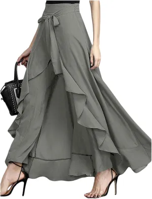utcoco Women's 2025 Trendy Casual Chiffon Elastic High Waist Pants Culottes Tie Front Ruffle Boho Flowy Maxi Skirts