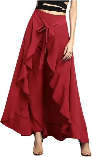 utcoco Women's 2025 Trendy Casual Chiffon Elastic High Waist Pants Culottes Tie Front Ruffle Boho Flowy Maxi Skirts