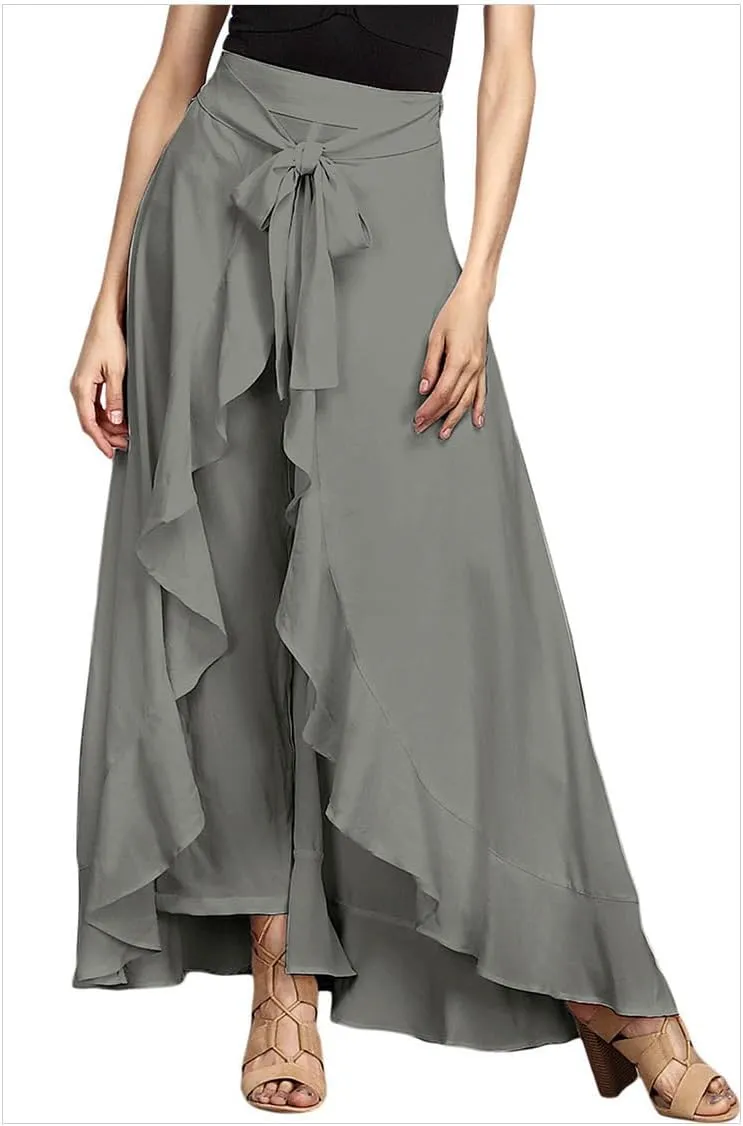 utcoco Women's 2025 Trendy Casual Chiffon Elastic High Waist Pants Culottes Tie Front Ruffle Boho Flowy Maxi Skirts