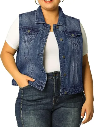 uxcell Denim Vest Top for Women Plus Size Sleeveless Button Down Waistcoat with Two Chest Flap Pockets Jean Jacket Vest