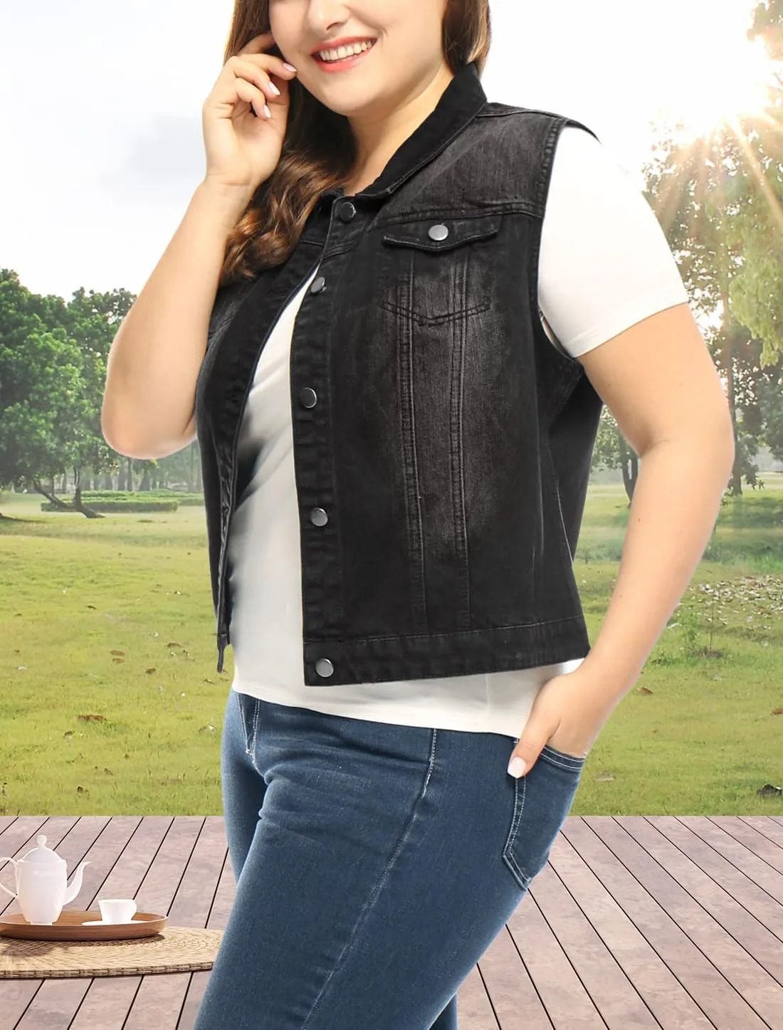 uxcell Denim Vest Top for Women Plus Size Sleeveless Button Down Waistcoat with Two Chest Flap Pockets Jean Jacket Vest