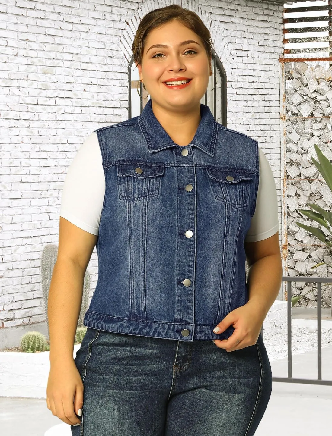 uxcell Denim Vest Top for Women Plus Size Sleeveless Button Down Waistcoat with Two Chest Flap Pockets Jean Jacket Vest
