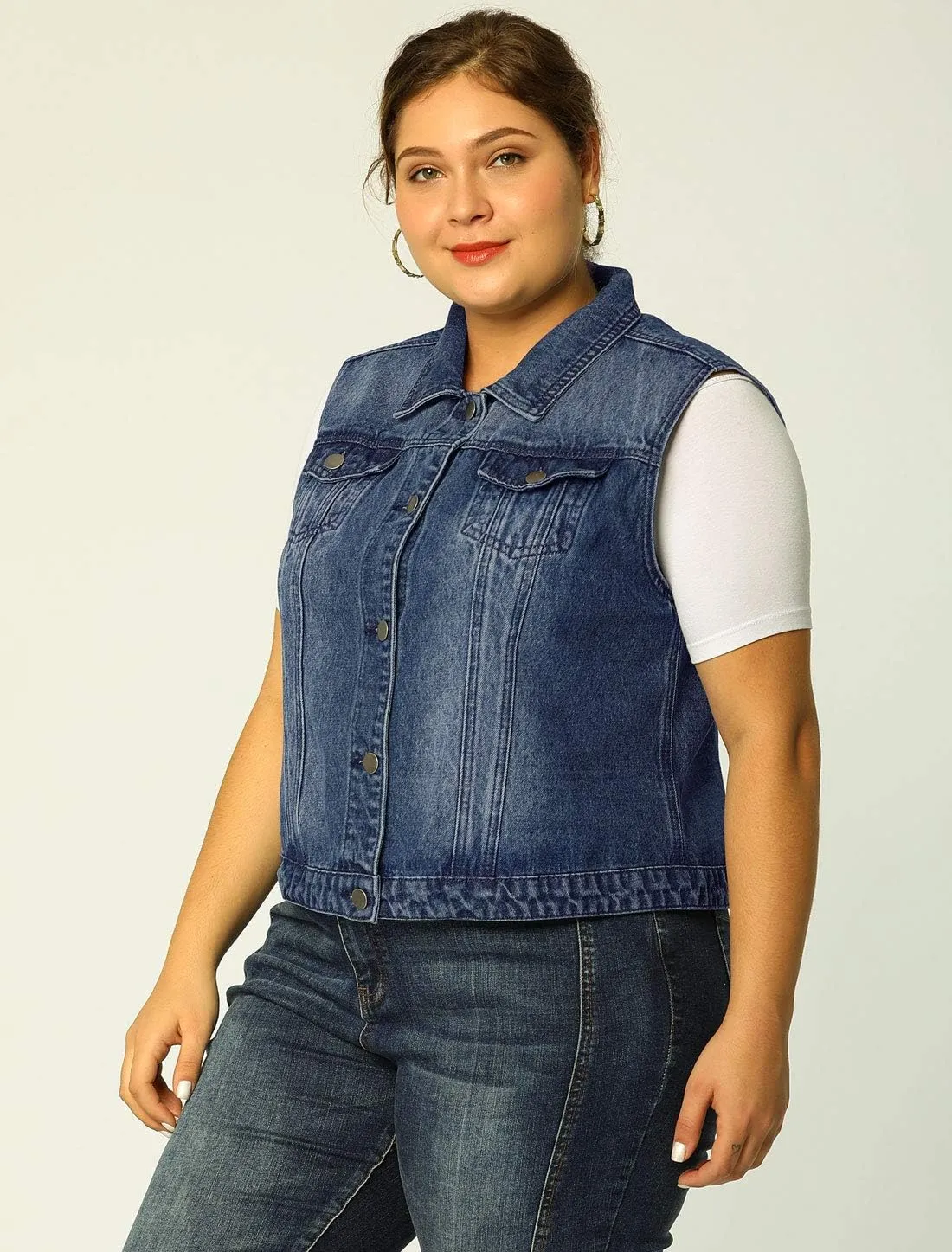 uxcell Denim Vest Top for Women Plus Size Sleeveless Button Down Waistcoat with Two Chest Flap Pockets Jean Jacket Vest