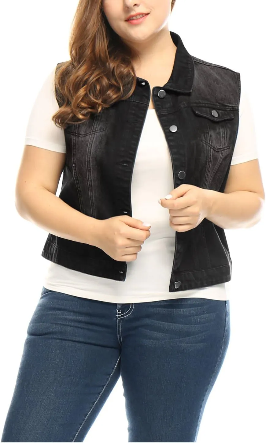 uxcell Denim Vest Top for Women Plus Size Sleeveless Button Down Waistcoat with Two Chest Flap Pockets Jean Jacket Vest