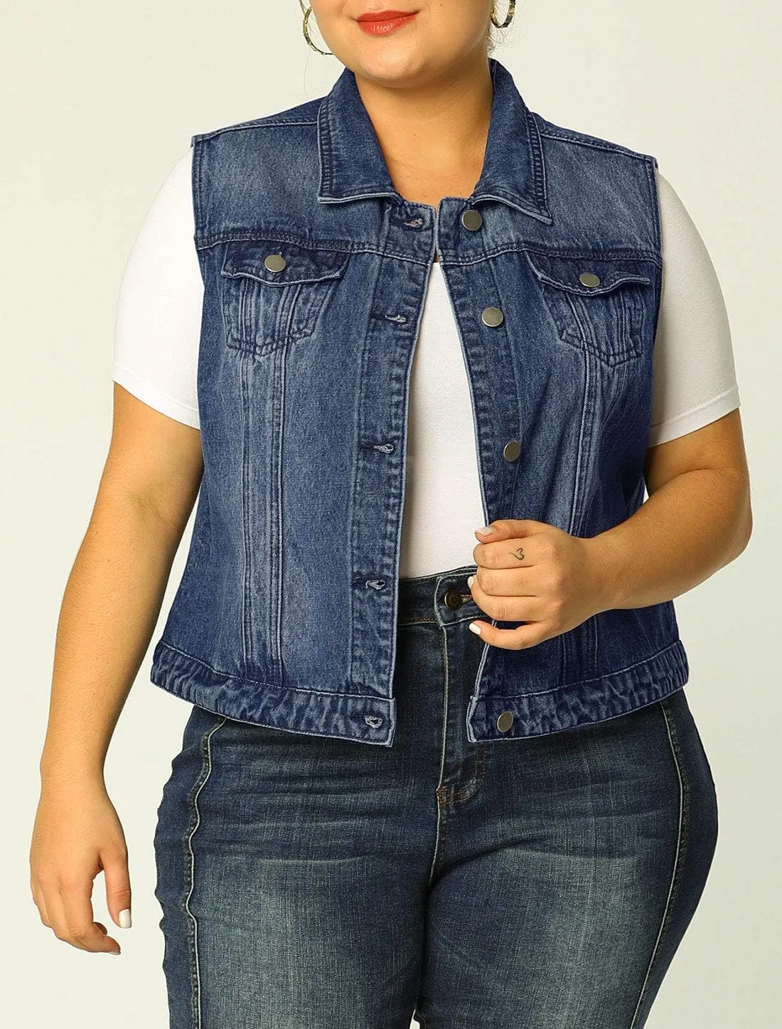 uxcell Denim Vest Top for Women Plus Size Sleeveless Button Down Waistcoat with Two Chest Flap Pockets Jean Jacket Vest