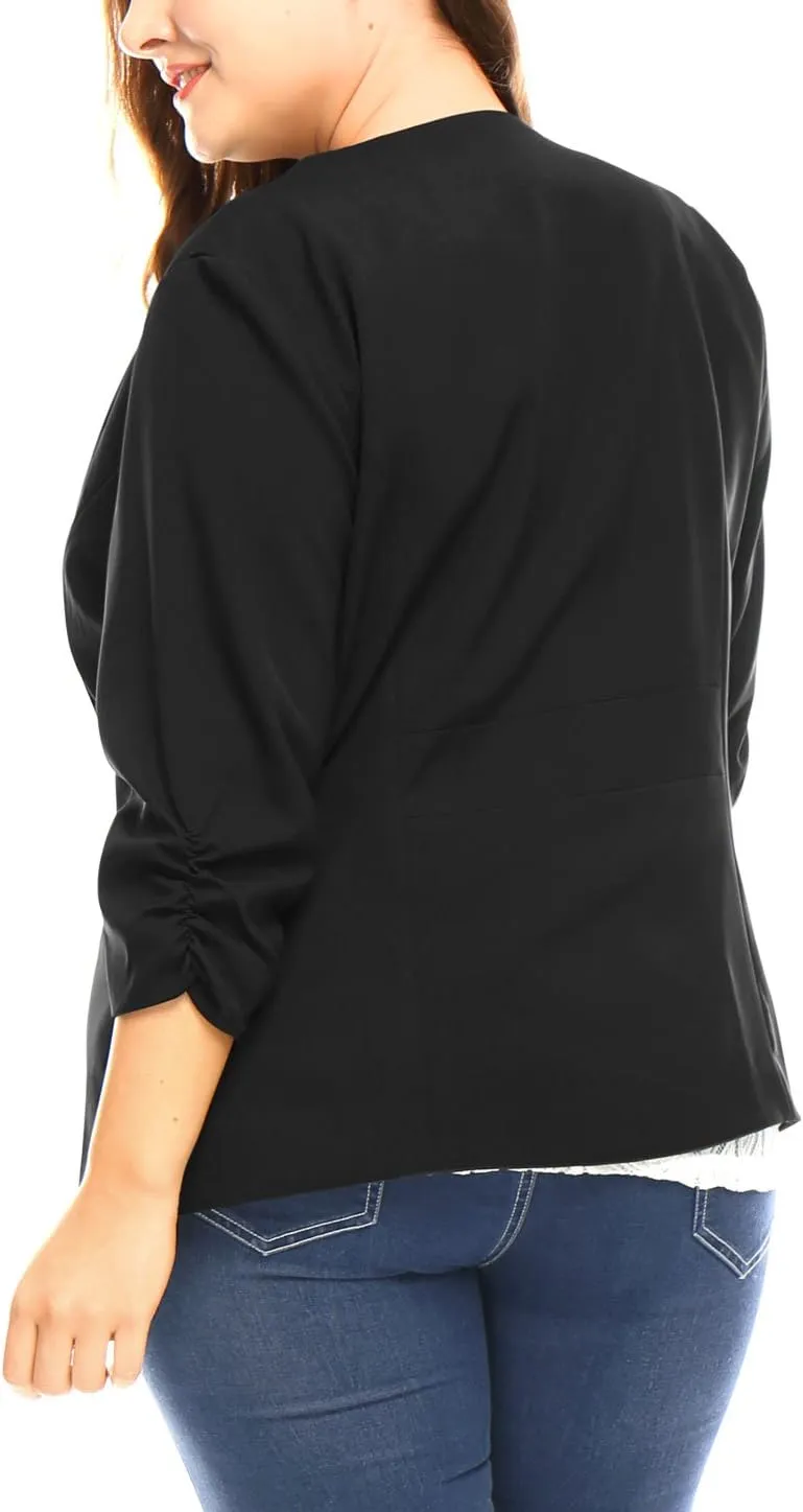 uxcell Women's Plus Size Blazers Shawl Collar Open Front 3/4 Ruched Sleeve Work Office Lightweight Blazers