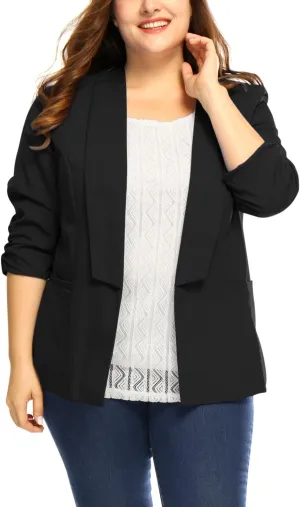 uxcell Women's Plus Size Blazers Shawl Collar Open Front 3/4 Ruched Sleeve Work Office Lightweight Blazers
