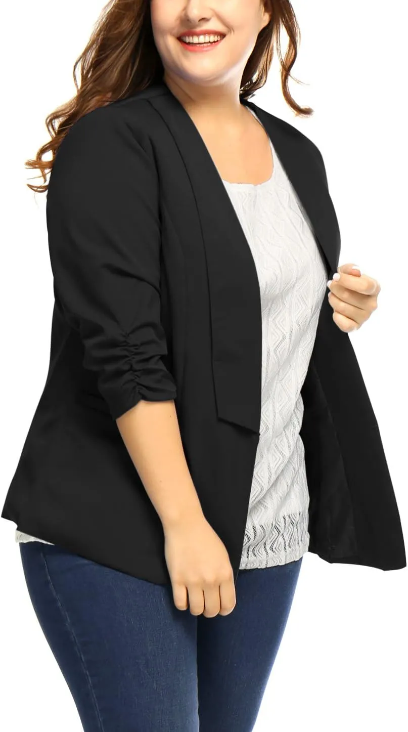 uxcell Women's Plus Size Blazers Shawl Collar Open Front 3/4 Ruched Sleeve Work Office Lightweight Blazers